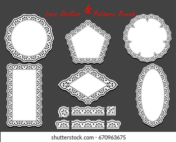 Set of delicate White Lace pattern brush and different lacy napkins, doilies and tracery elements. Vector illustration.