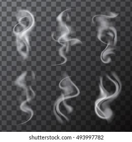 Set of delicate white realistic cigarette smoke waves on transparent background. Isolated. Vector illustration.