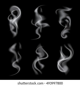 Set of delicate white realistic cigarette smoke waves on black background. Isolated. Vector illustration.