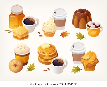 Set of delicious autumn dessert images. Snacks from apples honey jam and chocolate. Cakes and hot drinks. Isolated colourful vector images.
