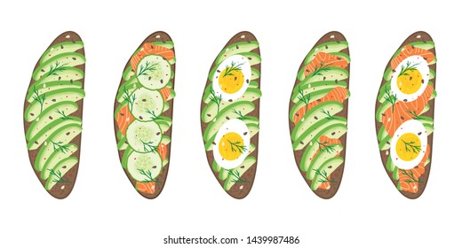 Set of delicious avocado, salmon, cucumber and egg sandwiches isolated on white background. Healthy delicious sandwiches with fresh dark rye rustic bread loafs. Clean eating. Vector hand drawn illustr