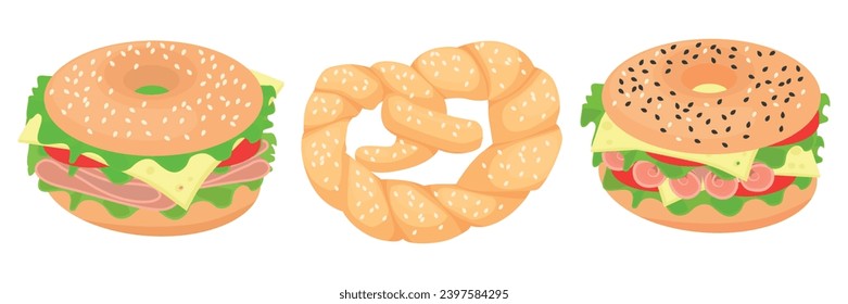 Set of delicious bagels and pretzels in cartoon style. Vector illustration of bagel and pretzel sandwiches sprinkled with sesame seeds with tasty toppings: lettuce, cheese, ham, tomato on background.