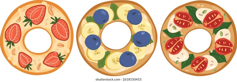 Set of delicious bagels. Vector illustration sandwich. Sweet sandwiches with berry. strawberry and cream and banana. Bagel with tomato and cheese. Isolated on white background