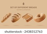 A Set of Delicious Baking 3D Vector Bread: baguette, Pain de campagne, Toast, Bagel