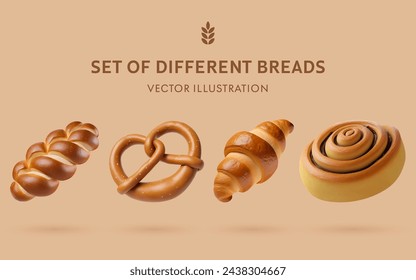 A Set of Delicious Baking 3D Vector Bread: Cinnamon Roll, German Pretzel, Challah Bread, Croissant