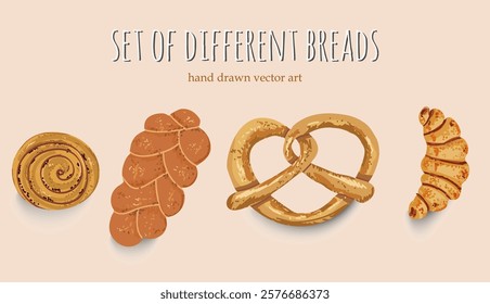 A Set of Delicious Baking bread hand drawn style, Cinnamon Roll, German Pretzel, Challah Bread, Croissant. Vector illustration.