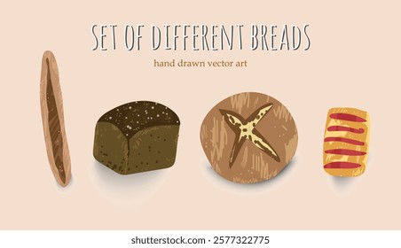 A Set of Delicious Baking bread hand drawn style, Vector illustration.