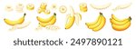 Set of delicious bananas in cartoon style. Vector illustration of yellow and fresh various bananas: whole,slices,in the peel isolated on a white background.Peeled and unpeeled bananas.A healthy snack.