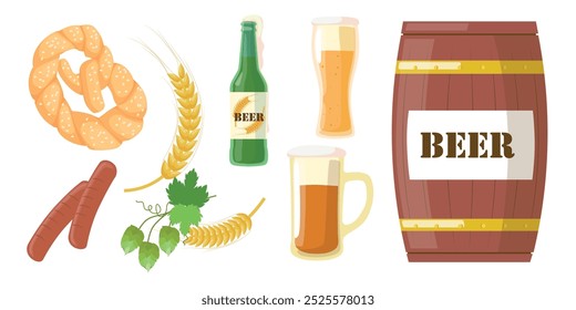 Set of delicious beer in cartoon style. Vector illustration of an alcoholic drink: pretzel, sausages, ears of corn, hops, glasses with light and dark beer, keg of beer isolated on white background.