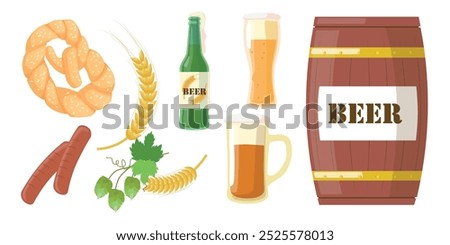 Set of delicious beer in cartoon style. Vector illustration of an alcoholic drink: pretzel, sausages, ears of corn, hops, glasses with light and dark beer, keg of beer isolated on white background.