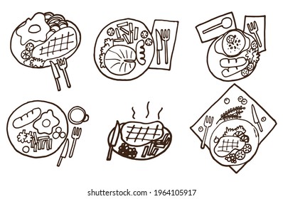 set of delicious breakfast, lunch and dinner dish. western food, steak, salmon, sausage, egg and fries. hand drawn vector. doodle food for logo, label, poster, cover, sticker, clipart, advertising. 