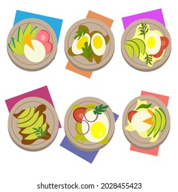 set of delicious breakfasts with egg, avocado and herbs in a plate with a napkin, vector illustration design, top view. Breakfast food. Porridge in a plate, healthy food.