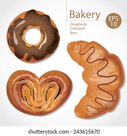 Set of delicious buns, croissants and donuts on white background. Menu concept.