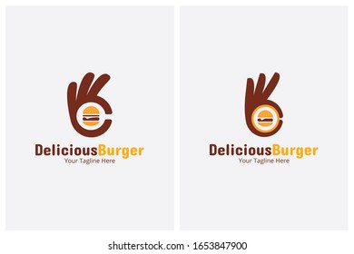 Set of Delicious Burger Logo or Labels. Illustration vector graphic of  Hand with a small hamburger combination logo design concept. Perfect for Label menu design restaurant or cafe