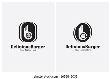 Set of Delicious Burger Logo or Labels. Illustration vector graphic of  Hand with a small hamburger combination logo design concept. Perfect for Label menu design restaurant or cafe