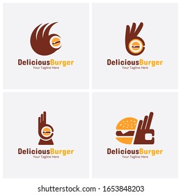 Set von köstlichen Burger-Logos oder Labels. Illustration Vektorillustration Grafik von Hand mit einem kleinen Hamburger Kombinationslogo Design-Konzept. Perfekt für Label-Design-Restaurant oder Café