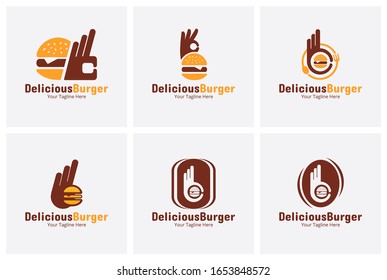 Set of Delicious Burger Logo or Labels. Illustration vector graphic of  Hand with a small hamburger combination logo design concept. Perfect for Label menu design restaurant or cafe