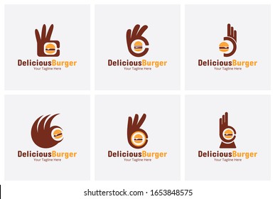 Set of Delicious Burger Logo or Labels. Illustration vector graphic of  Hand with a small hamburger combination logo design concept. Perfect for Label menu design restaurant or cafe