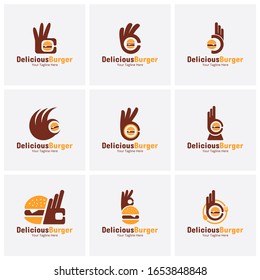 Juego de etiquetas o logotipos de hamburguesas deliciosas. Ilustración vectorial gráfico de Mano con un pequeño concepto de diseño del logo combinado hamburguesa. Perfecto para el diseño del menú Label, restaurante o cafetería