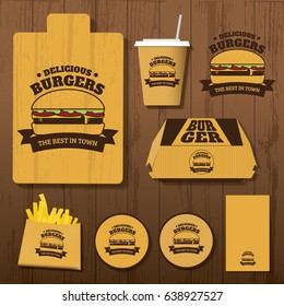 Set of Delicious Burgers Corporate identity on Wood Background