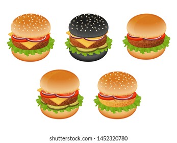 Set of delicious burgers. Hamburger, cheeseburger, black burger, chickenburger. Object for packaging, advertisements, menu. Isolated on white. Vector illustration. Cartoon.