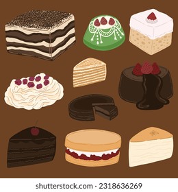 Set of Delicious Cake and Dessert Cute Hand Drawn Illustration