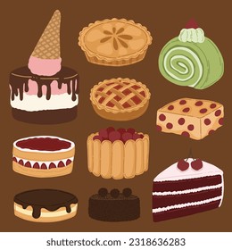 Set of Delicious Cake and Dessert Cute Hand Drawn Illustration