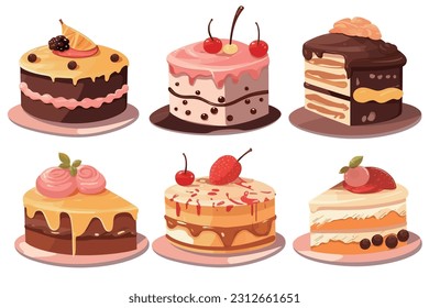 Set of delicious cake slices with icing and cream and fruit topping in drawing style. Collection of vector illustrations for graphic designers