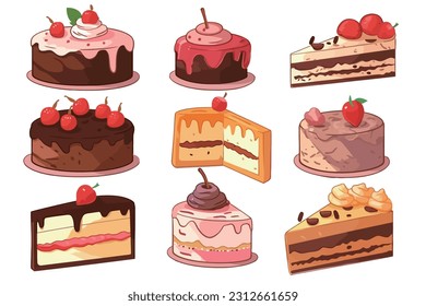 Set of delicious cake slices with icing and cream and fruit topping in drawing style. Collection of vector illustrations for graphic designers