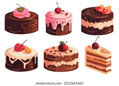 Set of delicious cake slices with icing and cream and fruit topping in drawing style. Collection of vector illustrations for graphic designers