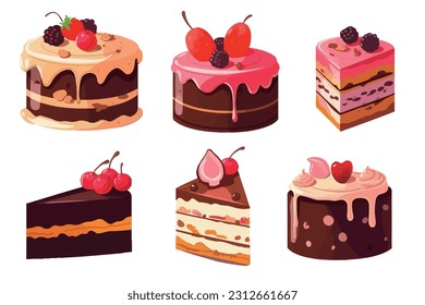 Set of delicious cake slices with icing and cream and fruit topping in drawing style. Collection of vector illustrations for graphic designers