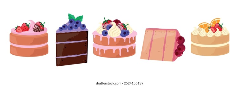 Set of delicious cakes in cartoon style. Vector illustration of cakes and pieces with biscuits, cream, fruits and berries: strawberries in chocolate glaze, blueberries, cranberries, oranges, leaves.