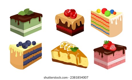 Set of delicious cakes in cartoon style.Vector illustration of pieces of cake with different fillings and berries: mint, cranberry, dragee, blueberry, orange, strawberry on a white background.