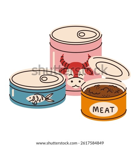 A set of delicious canned meat and fish for tourists. Camping food for outdoor activities. Beef, stew, tuna. Vector illustration in a flat style, highlighted on a white background