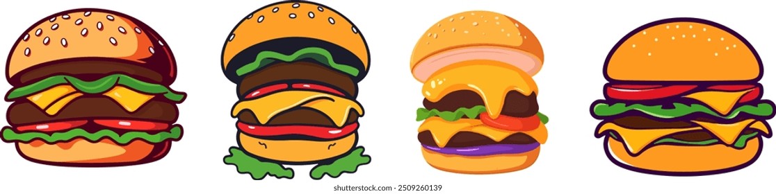 Set of Delicious Cartoon Style Cheeseburgers Illustrations, perfect for food-themed designs or menus