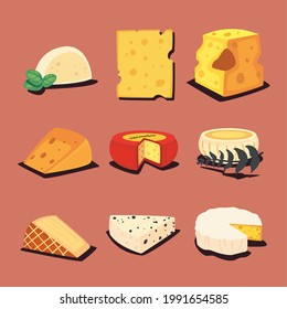 set of delicious cheeses types