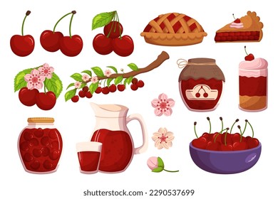 Set Of Delicious Cherry Berry Foods such as Fresh Berries, Blossoms, Pies, Jams, And Tarts, Juice, Fresh Ingredients and Desserts Promise A Burst Of Flavor Isolated Icons. Cartoon Vector Illustration