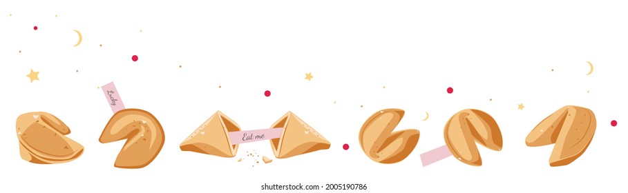 A set of delicious Chinese cookies with predictions laid out in a line with a place for the text. Vector cartoon illustration on a white background