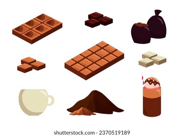 Set of delicious chocolate in cartoon style. Vector illustration of different types of chocolate bars, milk, black and white, ground bitter chocolate, cup of hot chocolate, shake.