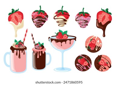 Conjunto de deliciosas fresas cubiertas de chocolate en estilo de dibujos animados. Ilustración vectorial de sabrosas fresas en blanco, leche, chocolate rosa, decorado con espolvorines, glaseado aislado sobre fondo blanco.