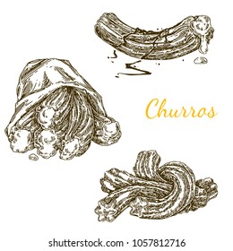 Set of delicious churros. Engraving style. Vector illustration.