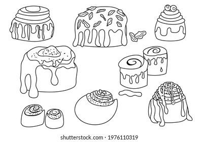 Set of delicious cinnabon buns in doodle style. Set of swirl buns. Cinnamon rolls with sugar, topping, syrup, nuts. Vector hand drawing illustration.