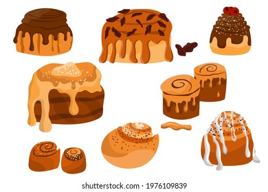 Set of delicious cinnabon buns on white background. Set of swirl buns. Cinnamon rolls with sugar, topping, syrup, nuts. Vector cartoon illustration.