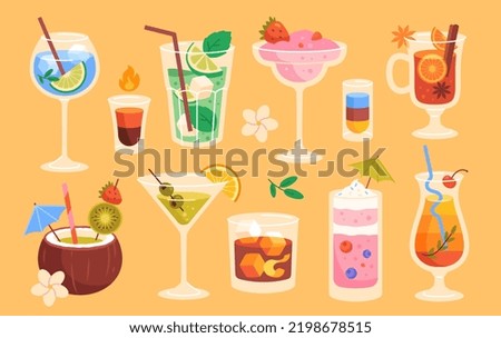 Set of delicious cocktails. Refreshing fruit drinks in glasses. Alcoholic beverages, martini, tequila, scotch. Design element for bar menu. Cartoon flat vector collection isolated on yellow background