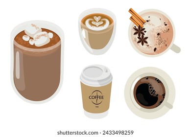 Set of delicious coffee and cocoa drinks in cartoon style. Vector illustration of cups, glasses with hot drinks: coffee and cocoa with marshmallow, cinnamon, cardamom, heart, foam.