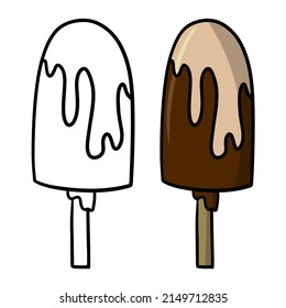 Un juego de delicioso postre frío, helado de chocolate en un palo, paladar. Ilustración vectorial, estilo de caricatura sobre un fondo blanco