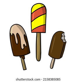 A set of delicious cold desserts, chocolate and fruit ice cream on a stick. Vector illustration in cartoon style on a white background