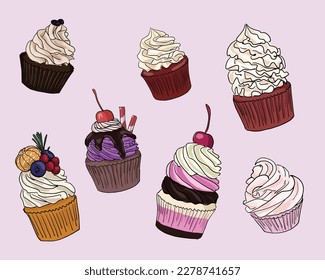 set of delicious colorful cupcakes. hand drawn cupcakes. sketch on a white background