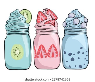 set of delicious colorful desserts in jars with fruits. hand drawn breakfasts. sketch on a white background