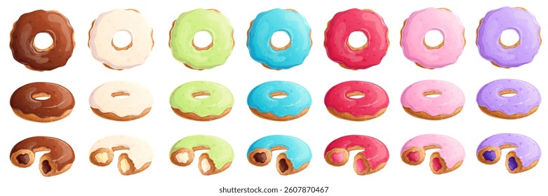 A set of delicious colorful donuts. The concept of confectionery, baking, cooking. Isolated vector illustration for menu design, posters, banners, covers